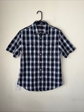 Apt. 9 Navy and White Short-Sleeve Plaid Button-Down Shirt